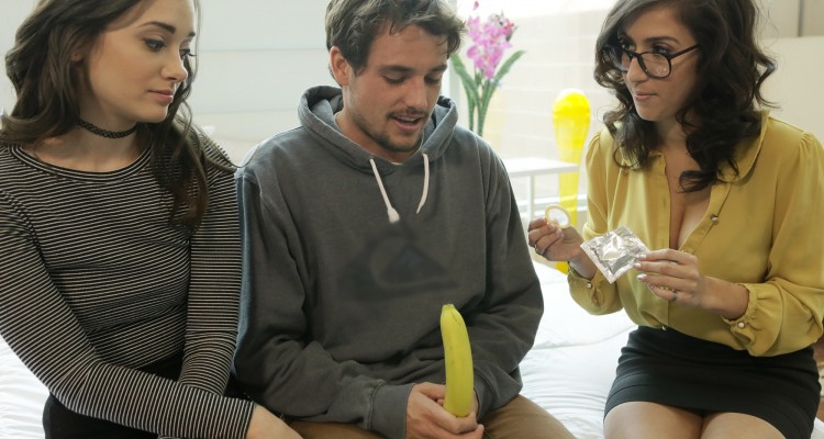 April Oneil teachs her students how to use a condom